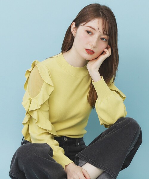 セール】ハイネックシアーフリルスリーブニット【洗濯機OK/抗ピル