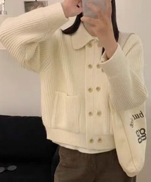 Wボタンえり付きざっくり編みニットカーデ