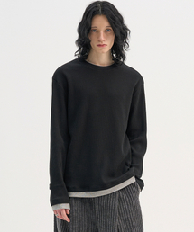 ワッフル&レイヤードロングスリーブTシャツ_ブラック