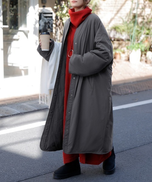 HUG.U(ハグユー)の「「吸湿発熱 裏フリース」 マフラー付き 撥水コート(ノーカラーコート・レディース・ブラック/ダークグレー・FREE)」の3枚目の写真