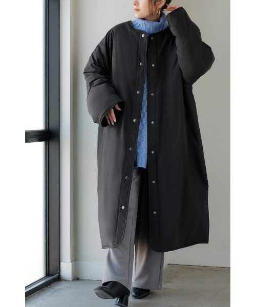 HUG.U(ハグユー)の「「吸湿発熱 裏フリース」 マフラー付き 撥水コート(ノーカラーコート・レディース・ブラック/ダークグレー・FREE)」の8枚目の写真