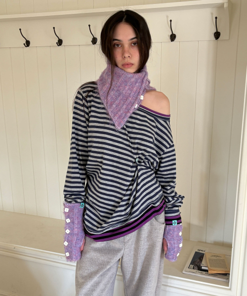 HERETIC(ヘレティック)の「BUTTON STRIPE RAW EDGE T-SHIRT / grey(Tシャツ/カットソー・レディース・その他・FREE)」の1枚目の写真
