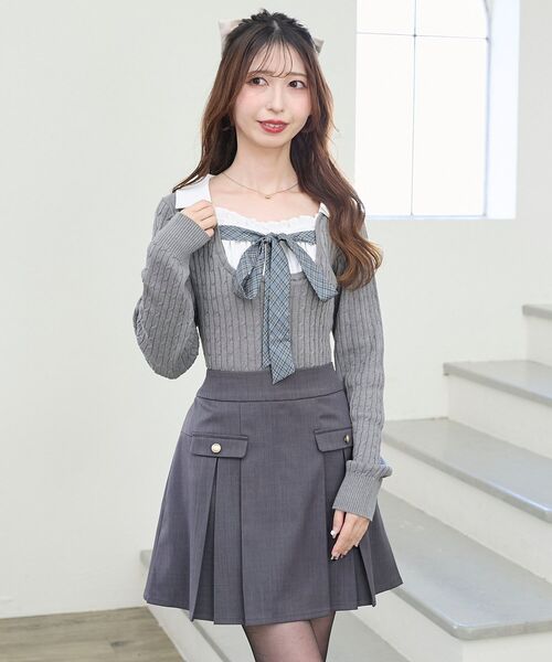 MAJESTIC LEGON（マジェスティックレゴン）の「チェックリボンレイヤードライクニット（ニット/セーター・レディース・ベージュ/グレー/ブラック・MEDIUM）」の22枚目の写真