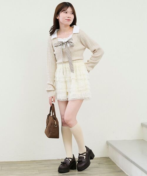 MAJESTIC LEGON（マジェスティックレゴン）の「チェックリボンレイヤードライクニット（ニット/セーター・レディース・ベージュ/グレー/ブラック・MEDIUM）」の4枚目の写真