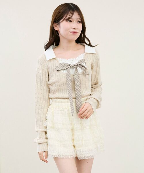 MAJESTIC LEGON（マジェスティックレゴン）の「チェックリボンレイヤードライクニット（ニット/セーター・レディース・ベージュ/グレー/ブラック・MEDIUM）」の6枚目の写真