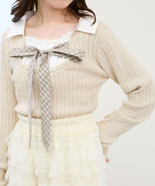 MAJESTIC LEGON（マジェスティックレゴン）の「チェックリボンレイヤードライクニット（ニット/セーター・レディース・ベージュ/グレー/ブラック・MEDIUM）」の9枚目の写真