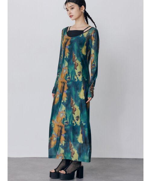 MURUA（ムルーア）の「レイヤードパターンシアーワンピース（ワンピース・レディース・グリーン/グレー・FREE）」の2枚目の写真