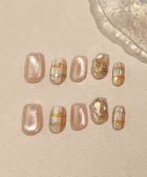 Anail（エーネイル）の「【ZOZO限定】水光ネイルアクアブルーマグネットドットチェック3Dリボンパーツショートラウンドネイルチップ 春ネイル1（ネイルシール/ネイルチップ）」