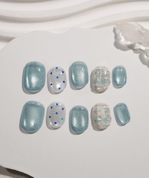 Anail（エーネイル）の「【ZOZO限定】水光ネイルアクアブルーマグネットドットチェック3Dリボンパーツショートラウンドネイルチップ 春ネイル①（ネイルシール/ネイルチップ）」