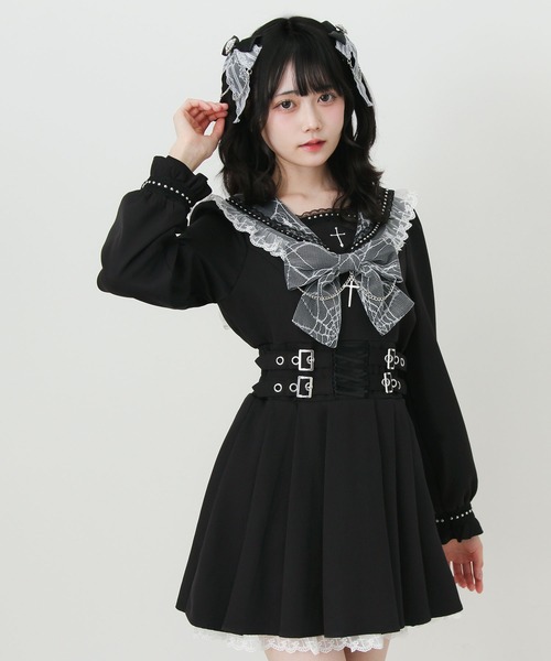 DearMyLove(ディアマイラブ)の「十字架クモレーススタッズベルトセーラーワンピース(ワンピース・レディース・ブラック/ブラック×ホワイト/ボルドー・S-M/M-L/LL~3L)」の14枚目の写真