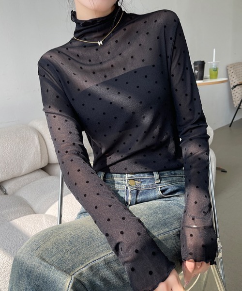LADY LIKE(レディライク)の「プチハイネックドット柄シアートップス(Tシャツ/カットソー・レディース・ブラック/ホワイト/モカ・M)」の18枚目の写真