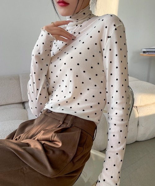 LADY LIKE(レディライク)の「プチハイネックドット柄シアートップス(Tシャツ/カットソー・レディース・ブラック/ホワイト/モカ・M)」の21枚目の写真