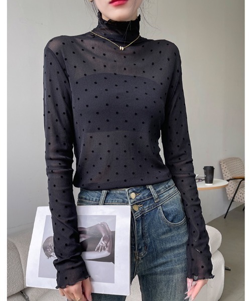 LADY LIKE(レディライク)の「プチハイネックドット柄シアートップス(Tシャツ/カットソー・レディース・ブラック/ホワイト/モカ・M)」の14枚目の写真