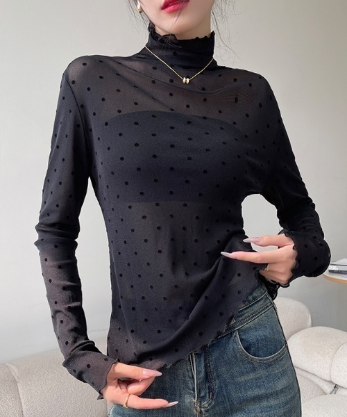 LADY LIKE(レディライク)の「プチハイネックドット柄シアートップス(Tシャツ/カットソー・レディース・ブラック/ホワイト/モカ・M)」の15枚目の写真