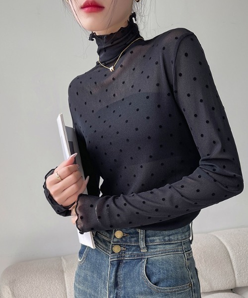 LADY LIKE(レディライク)の「プチハイネックドット柄シアートップス(Tシャツ/カットソー・レディース・ブラック/ホワイト/モカ・M)」の16枚目の写真