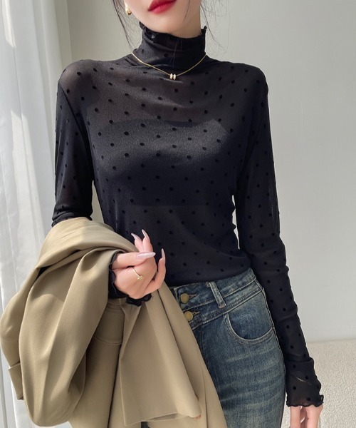 LADY LIKE(レディライク)の「プチハイネックドット柄シアートップス(Tシャツ/カットソー・レディース・ブラック/ホワイト/モカ・M)」の13枚目の写真