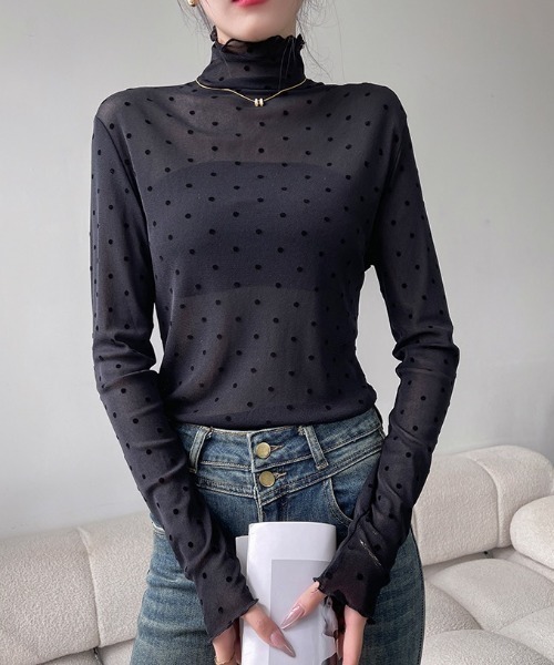 LADY LIKE(レディライク)の「プチハイネックドット柄シアートップス(Tシャツ/カットソー・レディース・ブラック/ホワイト/モカ・M)」の17枚目の写真