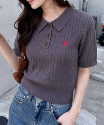 【Beverly Hills Polo Club/ビバリーヒルズ ポロクラブ】ワンポイント刺繍 ケーブル編み リブ半袖ポロニット