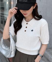 BEVERLY HILLS POLO CLUB | 【Bevery Hills Polo Club/ビバリーヒルズ ポロクラブ】ワンポイント刺繍 ケーブル編み リブ半袖ポロニット(ニット/セーター)