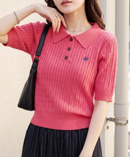 BEVERLY HILLS POLO CLUB(ビバリーヒルズポロクラブ)の「【Bevery Hills Polo Club/ビバリーヒルズ ポロクラブ】ワンポイント刺繍 ケーブル編み リブ半袖ポロニット(ニット/セーター・レディース・チャコールグレー/コーラルピンク/アイボリー・M)」の3枚目の写真