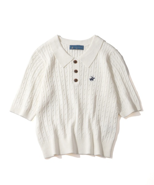 BEVERLY HILLS POLO CLUB(ビバリーヒルズポロクラブ)の「【Bevery Hills Polo Club/ビバリーヒルズ ポロクラブ】ワンポイント刺繍 ケーブル編み リブ半袖ポロニット(ニット/セーター・レディース・チャコールグレー/コーラルピンク/アイボリー・M)」の14枚目の写真
