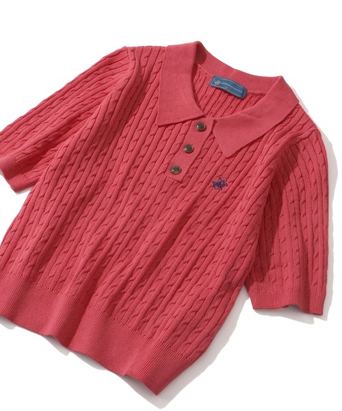 BEVERLY HILLS POLO CLUB(ビバリーヒルズポロクラブ)の「【Bevery Hills Polo Club/ビバリーヒルズ ポロクラブ】ワンポイント刺繍 ケーブル編み リブ半袖ポロニット(ニット/セーター・レディース・チャコールグレー/コーラルピンク/アイボリー・M)」の22枚目の写真