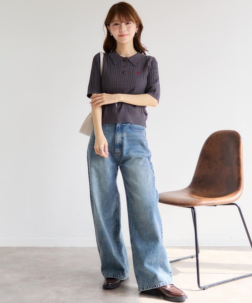 BEVERLY HILLS POLO CLUB(ビバリーヒルズポロクラブ)の「【Bevery Hills Polo Club/ビバリーヒルズ ポロクラブ】ワンポイント刺繍 ケーブル編み リブ半袖ポロニット(ニット/セーター・レディース・チャコールグレー/コーラルピンク/アイボリー・M)」の7枚目の写真