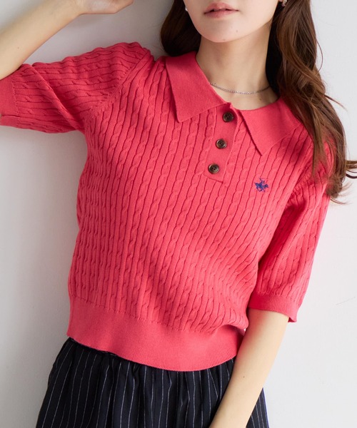 BEVERLY HILLS POLO CLUB(ビバリーヒルズポロクラブ)の「【Bevery Hills Polo Club/ビバリーヒルズ ポロクラブ】ワンポイント刺繍 ケーブル編み リブ半袖ポロニット(ニット/セーター・レディース・チャコールグレー/コーラルピンク/アイボリー・M)」の8枚目の写真