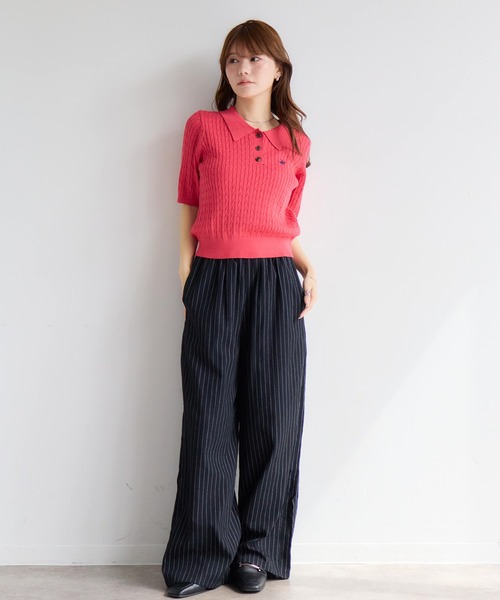 BEVERLY HILLS POLO CLUB(ビバリーヒルズポロクラブ)の「【Bevery Hills Polo Club/ビバリーヒルズ ポロクラブ】ワンポイント刺繍 ケーブル編み リブ半袖ポロニット(ニット/セーター・レディース・チャコールグレー/コーラルピンク/アイボリー・M)」の11枚目の写真