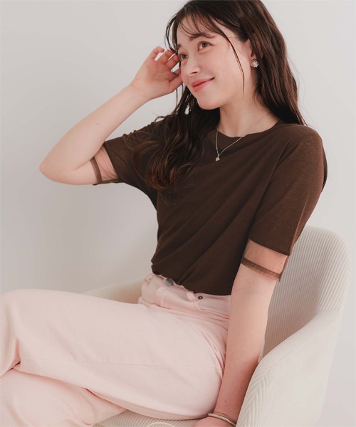 titivate(ティティベイト)の「シアー切替ハーフスリーブカットソートップス(Tシャツ/カットソー・レディース・ダークブラウン/ライトブルー/ブラック/オフホワイト・L/M/S)」の4枚目の写真