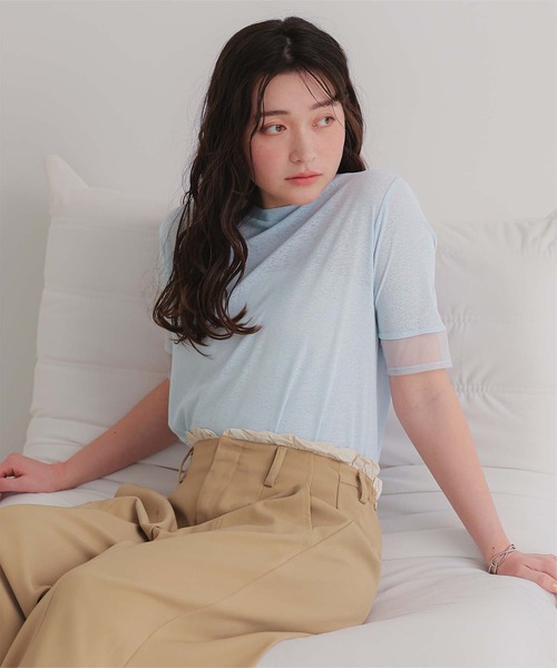 titivate(ティティベイト)の「シアー切替ハーフスリーブカットソートップス(Tシャツ/カットソー・レディース・ダークブラウン/ライトブルー/ブラック/オフホワイト・L/M/S)」の1枚目の写真