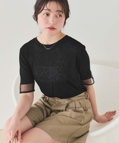 titivate(ティティベイト)の「シアー切替ハーフスリーブカットソートップス(Tシャツ/カットソー・レディース・ダークブラウン/ライトブルー/ブラック/オフホワイト・L/M/S)」の3枚目の写真