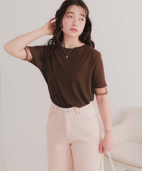 titivate(ティティベイト)の「シアー切替ハーフスリーブカットソートップス(Tシャツ/カットソー・レディース・ダークブラウン/ライトブルー/ブラック/オフホワイト・L/M/S)」の20枚目の写真