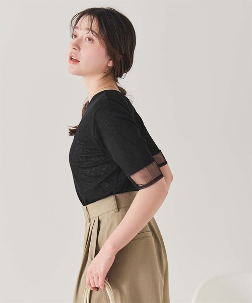 titivate(ティティベイト)の「シアー切替ハーフスリーブカットソートップス(Tシャツ/カットソー・レディース・ダークブラウン/ライトブルー/ブラック/オフホワイト・L/M/S)」の16枚目の写真
