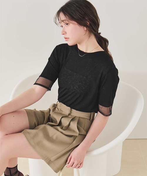 titivate(ティティベイト)の「シアー切替ハーフスリーブカットソートップス(Tシャツ/カットソー・レディース・ダークブラウン/ライトブルー/ブラック/オフホワイト・L/M/S)」の17枚目の写真
