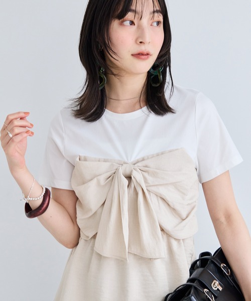 VIS（ビス）の「美easyリネンライクリボンビスチェトップス/イージーケア・接触冷感・セットアップ対応（Tシャツ/カットソー・レディース・ピンク/ブラック/キナリ/グレー・FREE）」の2枚目の写真