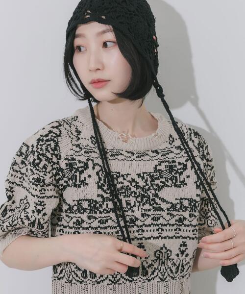 SMELLY(スメリー)の「フラワーデザインボンネット(ニットキャップ/ビーニー・レディース・アイボリー/ブラック・-)」の21枚目の写真