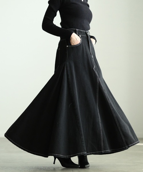 Sawa a la mode(サワアラモード)の「コットンデニムフレアゴアスカート(デニムスカート・レディース・ブラック/ネイビー/ホワイト・FREE)」の1枚目の写真