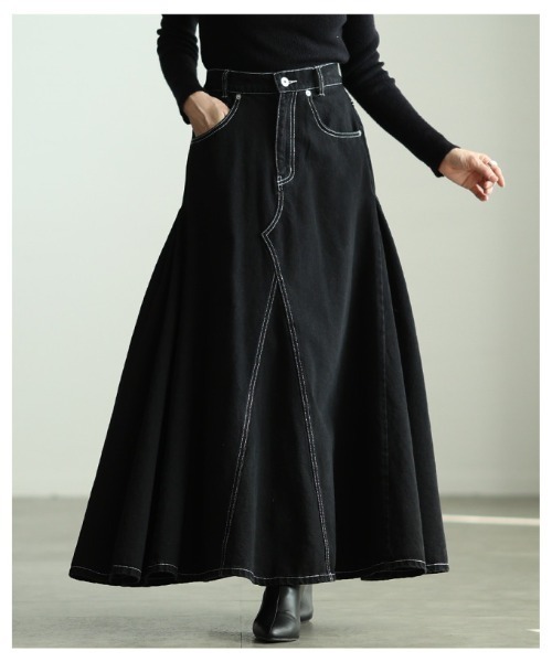 Sawa a la mode(サワアラモード)の「コットンデニムフレアゴアスカート(デニムスカート・レディース・ブラック/ネイビー/ホワイト・FREE)」の19枚目の写真