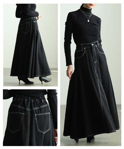 Sawa a la mode(サワアラモード)の「コットンデニムフレアゴアスカート(デニムスカート・レディース・ブラック/ネイビー/ホワイト・FREE)」の20枚目の写真