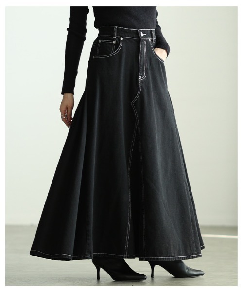 Sawa a la mode(サワアラモード)の「コットンデニムフレアゴアスカート(デニムスカート・レディース・ブラック/ネイビー/ホワイト・FREE)」の22枚目の写真