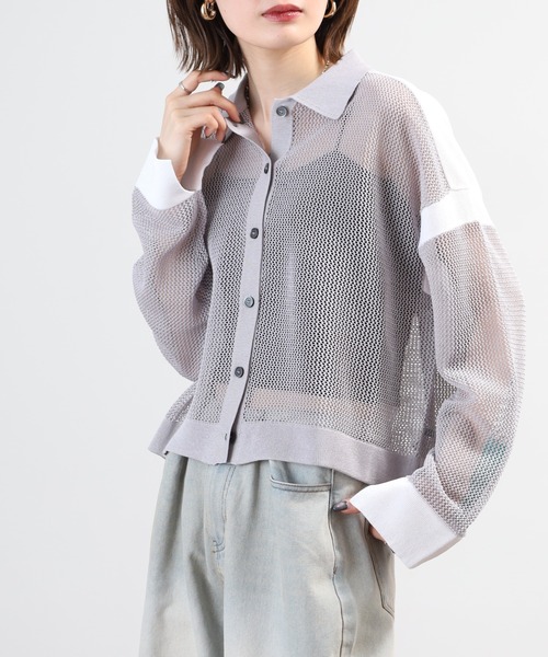 EGLANTINE（エグランティーヌ）の「EGLANTINE 襟付きメッシュニットカーディガン（カーディガン/ボレロ・レディース・オフホワイト/グレー/サンドベージュ/イエロー・40）」の2枚目の写真