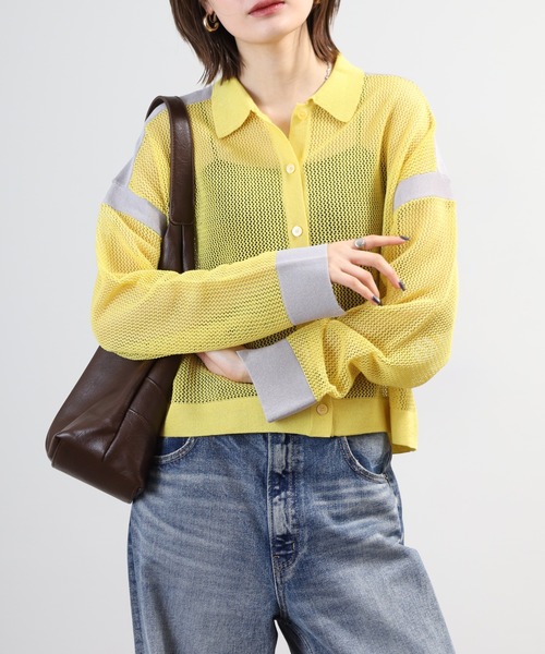 EGLANTINE（エグランティーヌ）の「EGLANTINE 襟付きメッシュニットカーディガン（カーディガン/ボレロ・レディース・オフホワイト/グレー/サンドベージュ/イエロー・40）」の4枚目の写真