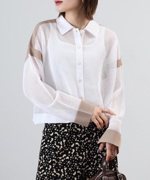 EGLANTINE（エグランティーヌ）の「EGLANTINE 襟付きメッシュニットカーディガン（カーディガン/ボレロ・レディース・オフホワイト/グレー/サンドベージュ/イエロー・40）」の7枚目の写真