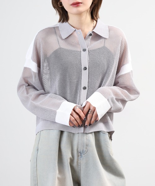 EGLANTINE（エグランティーヌ）の「EGLANTINE 襟付きメッシュニットカーディガン（カーディガン/ボレロ・レディース・オフホワイト/グレー/サンドベージュ/イエロー・40）」の15枚目の写真