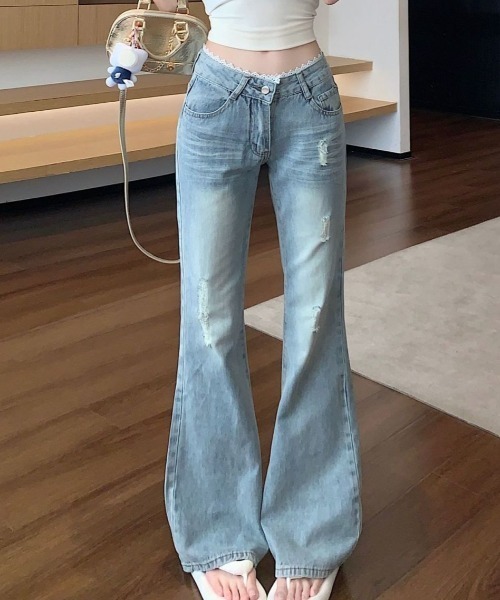 Teem Store(チームストア)の「ウエストレースダメージ加工フレアデニムパンツ(デニムパンツ・レディース・ブルー・L/M)」の6枚目の写真