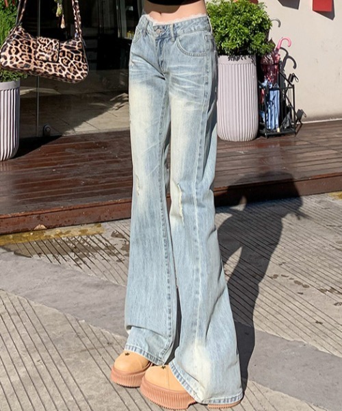 Teem Store(チームストア)の「ウエストレースダメージ加工フレアデニムパンツ(デニムパンツ・レディース・ブルー・L/M)」の9枚目の写真