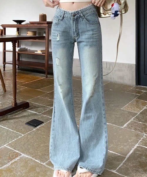 Teem Store(チームストア)の「ウエストレースダメージ加工フレアデニムパンツ(デニムパンツ・レディース・ブルー・L/M)」の10枚目の写真