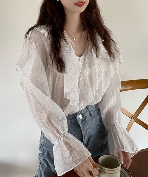 SallyLunn(サリーラン)の「フリルVネックブラウス(シャツ/ブラウス・レディース・ホワイト/ピンク・MEDIUM/LARGE)」の2枚目の写真