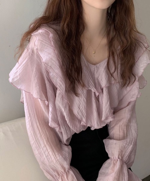 SallyLunn(サリーラン)の「フリルVネックブラウス(シャツ/ブラウス・レディース・ホワイト/ピンク・MEDIUM/LARGE)」の4枚目の写真